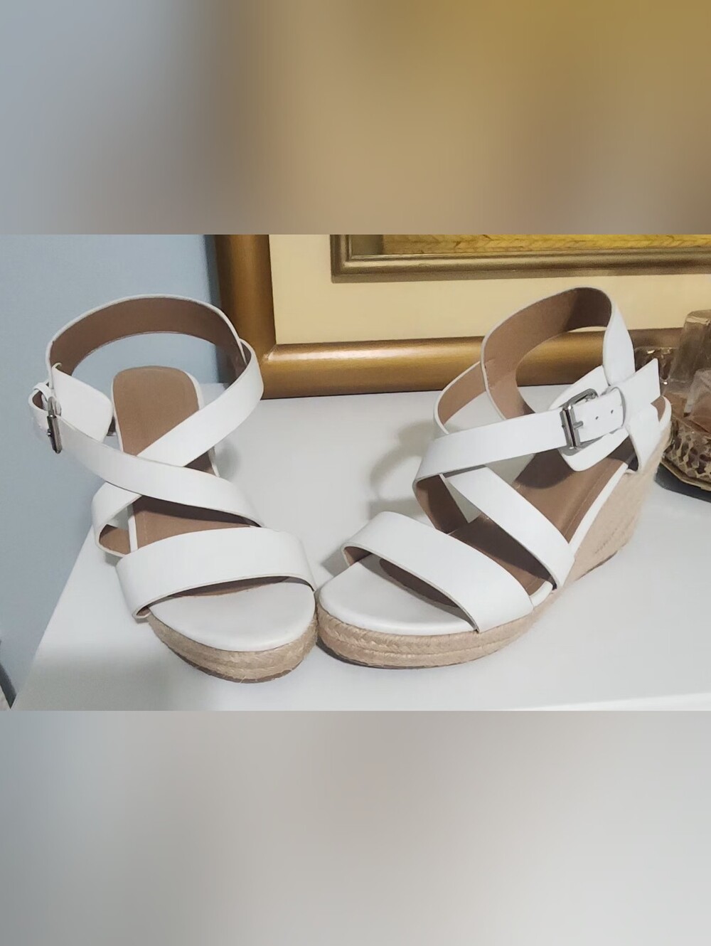 Catherines White Cross-Strap Wedge Sandals with Buckle